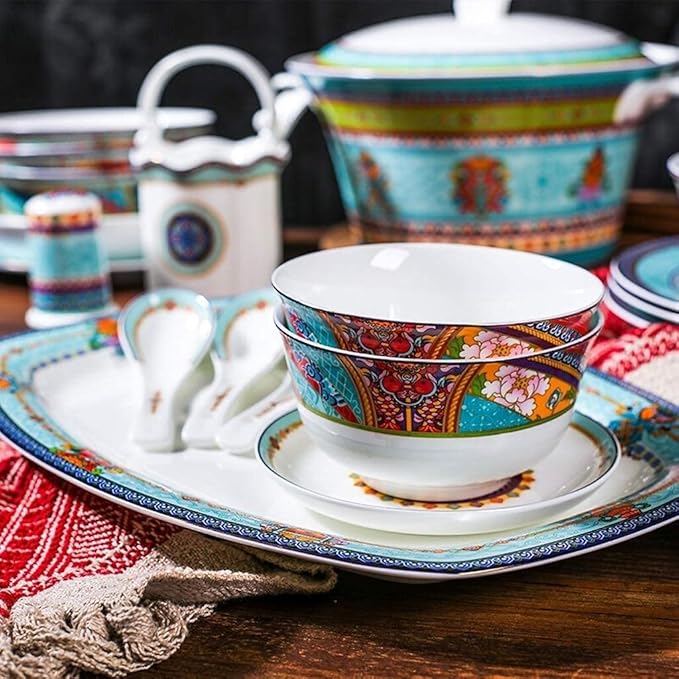 Ceramics Dinner Sets Bowl/Spoon/Plate/Soup Pot51 Pieces Dinnerware Bone China Tableware Set - Family Party and Kitchen Restaurant