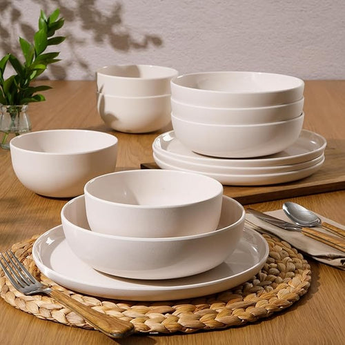 12 Piece Wheat Straw Melamine Dinnerware Set – Lightweight Plates and Bowls Service for 4 Durable &amp Dishwasher Safe (Taupe)