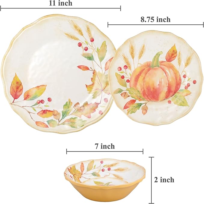 UPware 12 Piece Pumpkin Melamine Dinnerware Sets Outdoor Dishes Set Plates and Bowls Sets Autumn Thanksgiving Decorations Service for 4 Orange