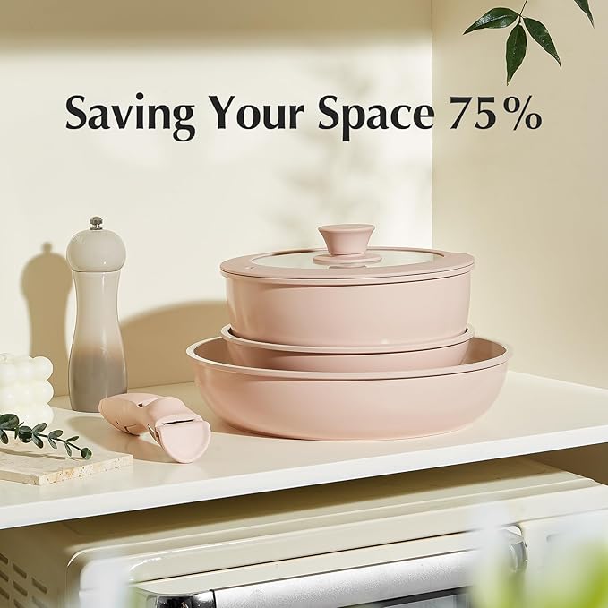 Ceramic Pots and Pans Set Non Stick Nonstick Kitchen Cookware Sets Non Toxic Pots and Pans Set Non Stick PFAS PFOA &amp PTFE Free Detachable Handle Pots and Pans 6 Piece RV Cookware (Pink)