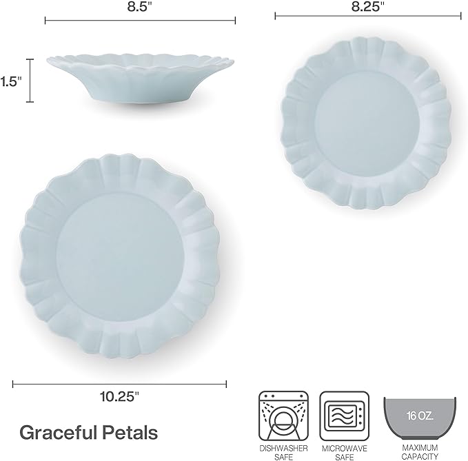 Pfaltzgraff Graceful Petals 12 Piece Stoneware Dinnerware Set Service for 4 Scalloped Plates Bowls for Everyday Use Blue
