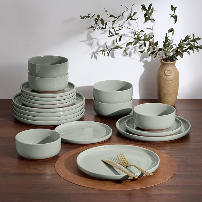 E-far 12-Piece Stoneware Dinnerware Sets Plates and Bowls Sets for 4 Ceramic Dishware Dishes Set with Terracotta Base Chip &amp Scratch Resistant Microwave &amp Dishwasher Safe Speckled Green
