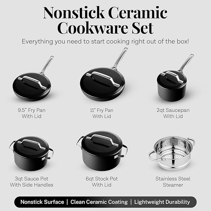 Gotham Steel Modern 11 Pc Ceramic Pots and Pans Set Non Stick Professional Elegant Kitchen Cookware Sets with Steamer for Cooking Non Toxic Made without PFOS PFOS Dishwasher &amp Oven Safe
