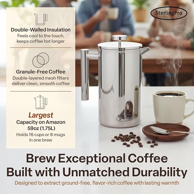 Stainless Steel French Press Coffee Maker 1.75 L (59 oz) Mirror – Double Walled Insulated Extra Large French Press Durable Design Keeps Drinks Hot Easy to Use and Clean for Rich Flavor