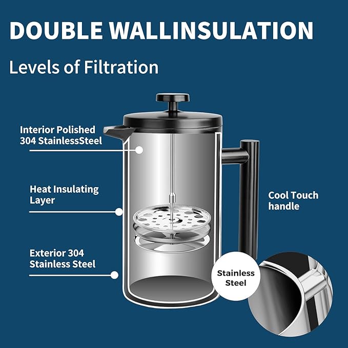 MERMOO YILAN French Press 34oz Insulated Stainless Steel Coffee Maker Unbreakable Coffee Press Easy to Clean for Home Camping Travel (Black)