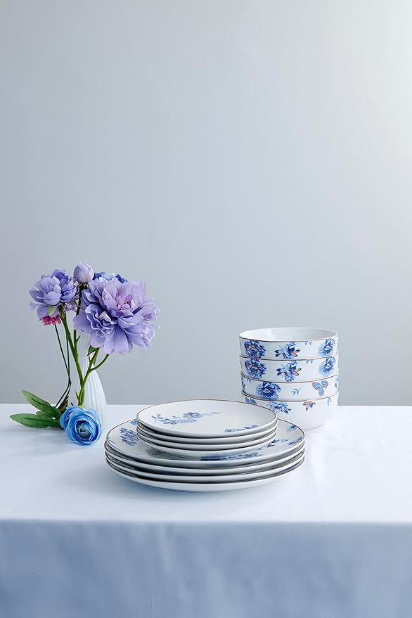 Stone Lain Viola 12-Piece Dinnerware Set Porcelain Plates and Bowls Set Dish Set for 4 Microwave and dishwasher Safe Blue