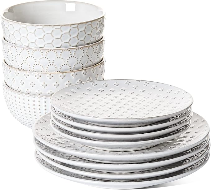 LE TAUCI Dinnerware Sets 12 PCS Ceramic Plates and Bowls Set Suit For Housewarming (10 Dinner Plate + 8 Salad Dish + 26 oz Cereal Bowl) x 4 Oven safe - Arctic White