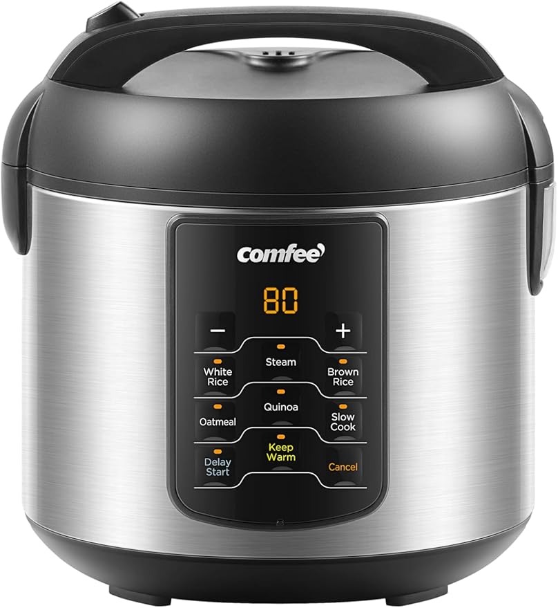 COMFEE' Compact Rice Cooker 6-in-1 Stainless Steel Multi Cooker Slow Cooker Steamer Saute and Warmer 2 QT 8 Cups Cooked(4 Cups Uncooked) Brown Rice Quinoa and Oatmeal 6 One-Touch Programs C