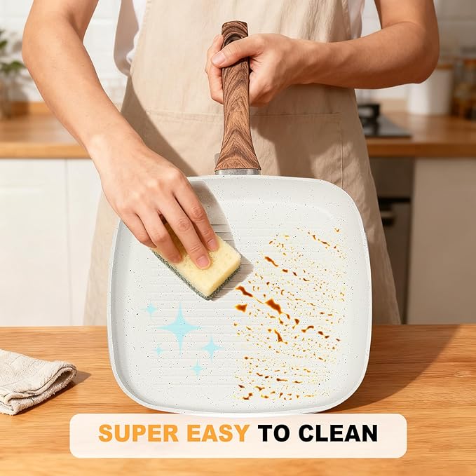 DUMOS 3 Pcs Grill Pans Set Nonstick Square Frying Pan Skillet Set with Stay Cool Handle &amp PFOA Free Compatible with All Stovetops (9.5 10 11) Light White
