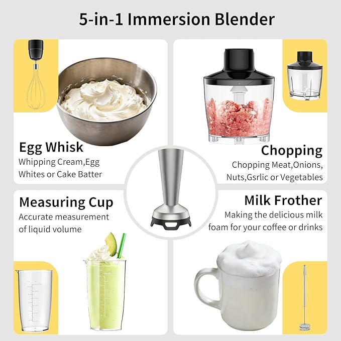 Immersion Hand Blender Stick Blenders Sets 5-in-1 Multi-functional Kitchen Blender with Nylon Blade Cover with Egg Whisk Milk Frother Attachments for Kitchen PureeSoupSmoothies