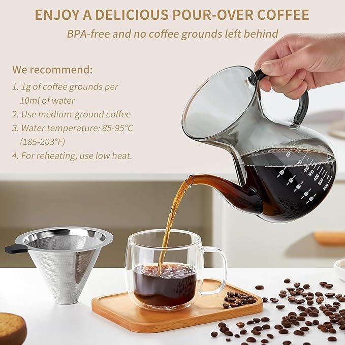 Unbreakable - Pour Over Coffee Maker with Double Stainless Filter 27 fl oz Thickened Heat-Resistant Borosilicate Glass Pour Over Coffee Dripper Stovetop Safe