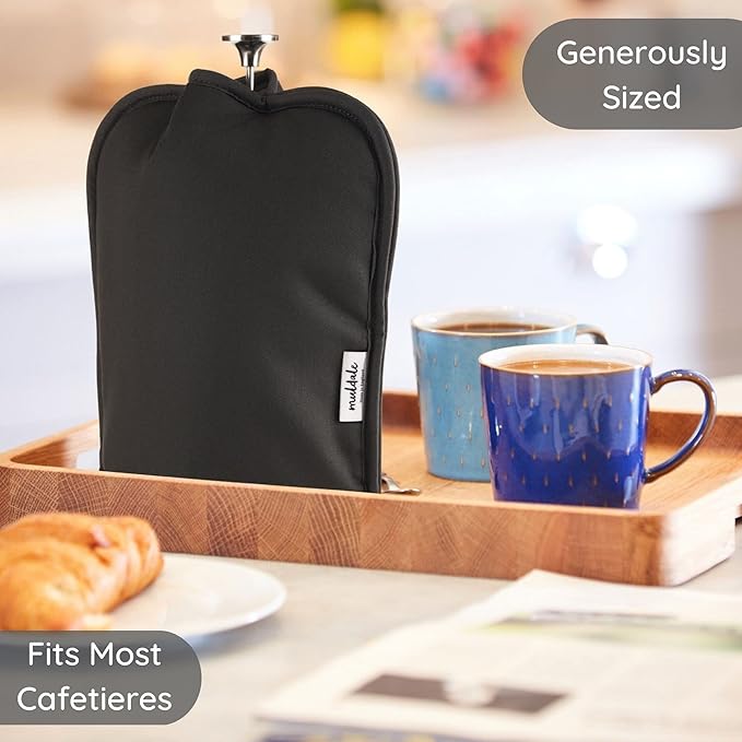 Muldale French Press Cozy Cover Insulated in Black - Coffee Pot Cover Insulator Designed to Keep your Coffee Warmer for Longer - Cafetiere Pot Cosy for Multiple Sizes