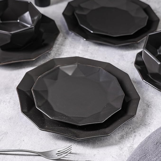 Stone + Lain Jamie Porcelain 16-Piece Geometric Dinnerware Set Black