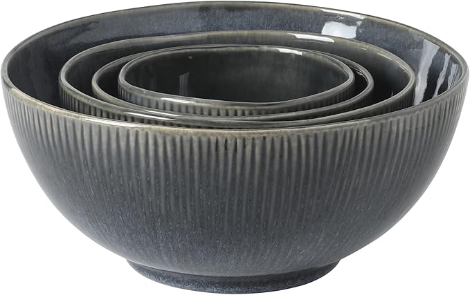 Gibson Elite Sandy Pines 4 Piece Nesting Bowl Set 4” 5.5” 7” &amp 9” Round Stoneware Bowls Reactive Glaze Finish Blue Mixing Prep &amp Serving Bowls Microwave &amp Dishwasher Safe
