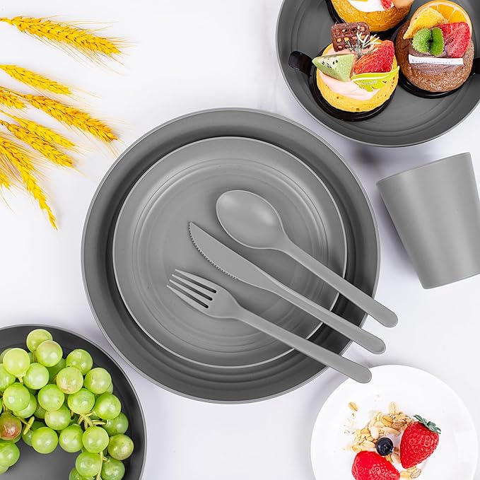 EI 42pcs Wheat Straw Dinnerware SetReusable Plastic Plates UnbreakableBig Bowl and Plate for KitchenPlates and Bowls Sets for College Dorm RoomCampingPicninc