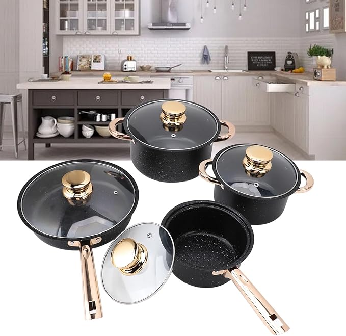 Maifan Stone Coating Cookware Set Stainless Steel Pots Pans Set with Glass Lids Anti Stick Frying Pan Milk Pan Soup Pots for Kitchen Uniform Heating Durable