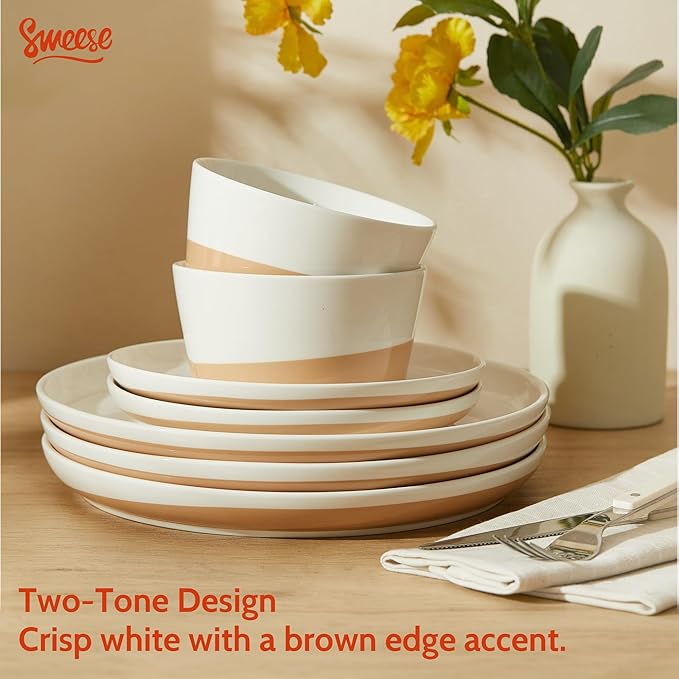 Sweese 18 Pieces Porcelain Dinnerware Set Modern Dish Set for 6 Hand Painted Kitchen Plates and Bowls Sets Scratch Resistant Dishware Sets Dishwasher &amp Microwave &amp Oven Safe Dinner Set Br
