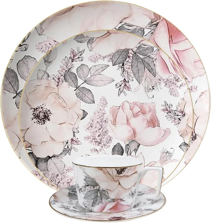 Romantic countryside Bone China Dinnerware Sets Service for 6Delicate afternoon tea Dinnerware SetSteak Dinner Plates Dish Set Includes coffee cup