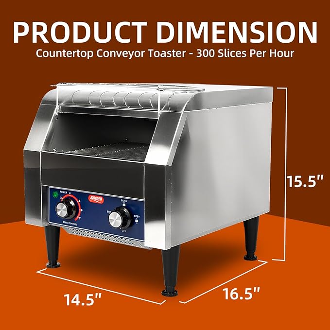 JOHAKYU Commercial Conveyor Toaster - 300 Slices/Hour Heavy Duty Stainless Steel for Buns Bagels Bread Restaurant Use/Includes Cleaning Accessories