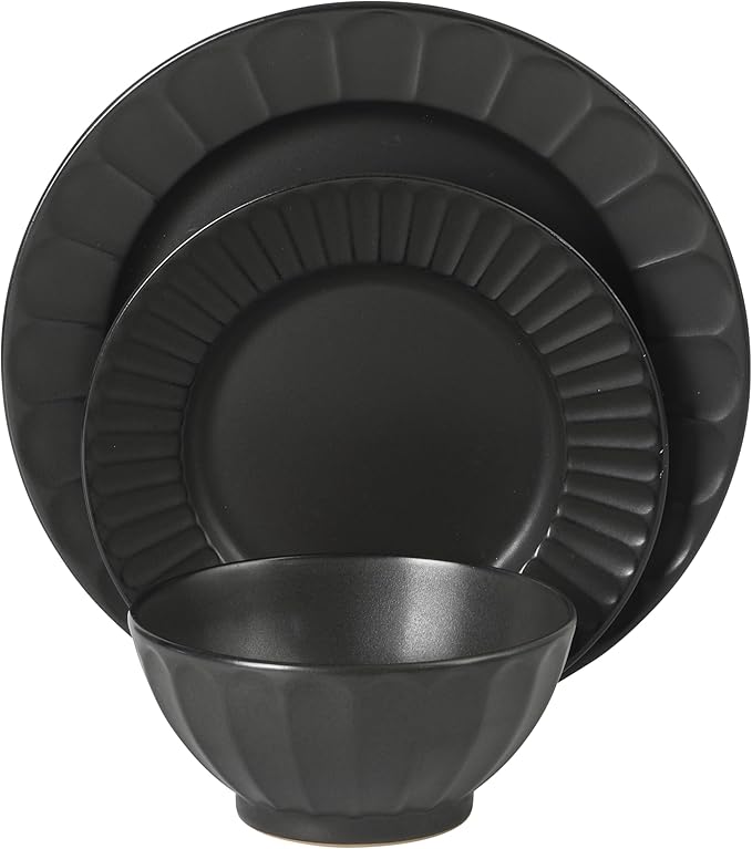 Gibson Elite Winchester Way 12-Piece Embossed Stoneware Dinnerware Set – Reactive Matte Glaze Durable Lightweight-Tech Plates &amp Bowls Everyday Dish Set Microwave &amp Dishwasher Safe – Black