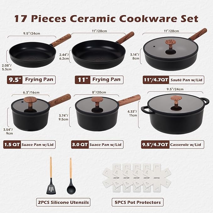 JEETEE Ceramic Cookware Sets 17 pcs Healthy Pots and Pans Set Non Stick Induction Kitchen Cooking Set with Removable Handles Stackable Pots Pans Oven Safe PFOA/PFOS Free Black
