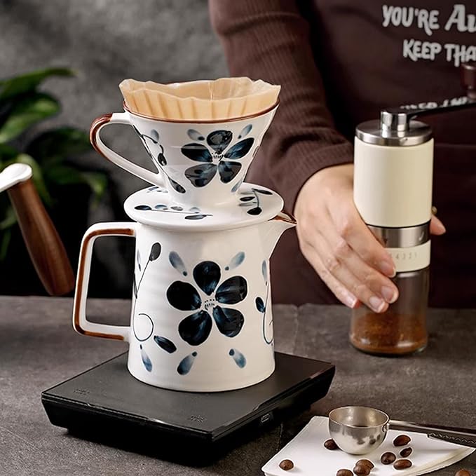 Ceramic Pour Over Coffee Maker Set Ceramic Coffee Dripper with Single Hole Coffee Pot &amp 100 Paper Filters for Home Travel Camping (1-4 Cup)