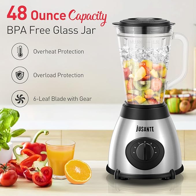 Blender for Smoothies 1000W Glass Blender for Kitchen Countertop with 48oz Glass Jar Ice Crusher or Juice Milkshake Dessert