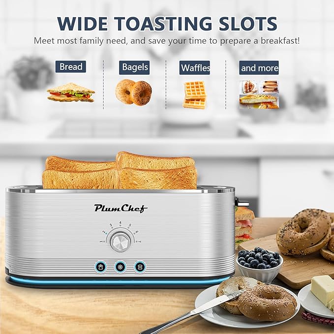 Toaster 4 Slice 7 Browning Settings Defrost/Reheat Functions Removable Crumb Tray Full Body Stainless Steel Housing 1350W Anti-Fingerprint and Anti-Jam Toasters for Bagels and Toast Silver