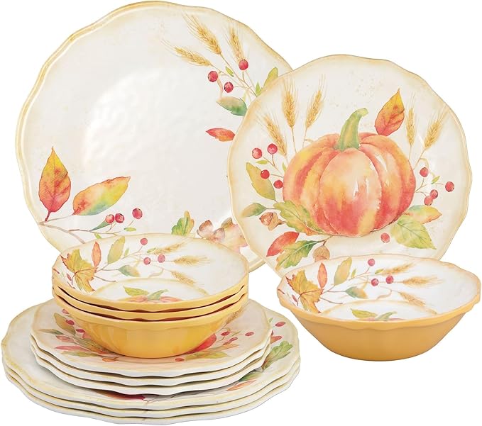 UPware 12 Piece Pumpkin Melamine Dinnerware Sets Outdoor Dishes Set Plates and Bowls Sets Autumn Thanksgiving Decorations Service for 4 Orange