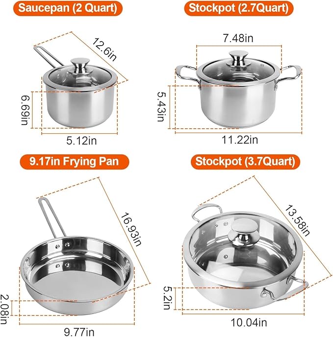 Stainless steel cookware set fast and uniform heating induction cooker set dishwasher safety belt 2.7/3.7 quart stew pot 2 quart sauce pot 9.17 inch frying pan