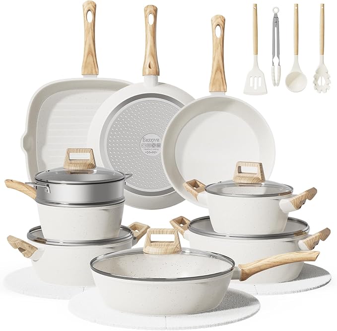 24Pcs Pots and Pans Set Non StickCeramic Cookware Set with Titanium-Reinforced Nonstick CoatingLong-LastingPFAS-FreeInduction CompatibleFull Kitchen Set with 3 Stock Pots for Family Cooking