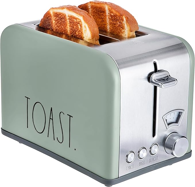 Rae Dunn Toaster Stainless Steel 2 Slice Square Toaster Wide Slot with 5 Browning Levels with Bagel Defrost and Cancel Options (Sage)