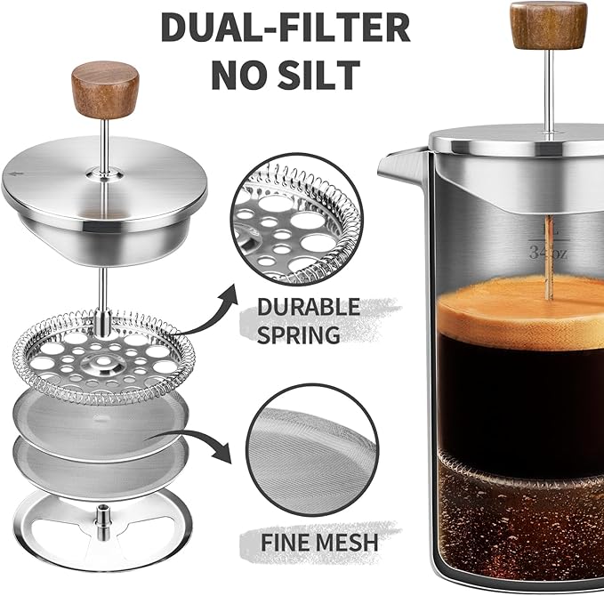 French Press Coffee Maker 34oz Stainless Steel Coffee Press Real Wood Handle Double Wall Insulated French Coffee Press with Dual-Filter Screen Perfect for Camping &amp Kitchen Use
