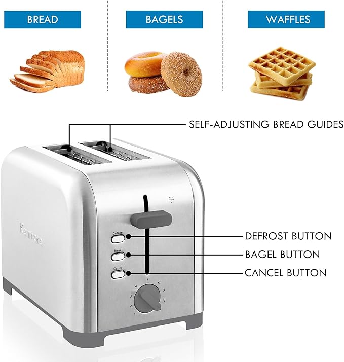 Kenmore 2-Slice Toaster Stainless Steel Extra Wide Slots Bagel and Defrost Functions 9 Browning Levels Removable Crumb Tray for Bread Toast English Muffin Toaster Strudel