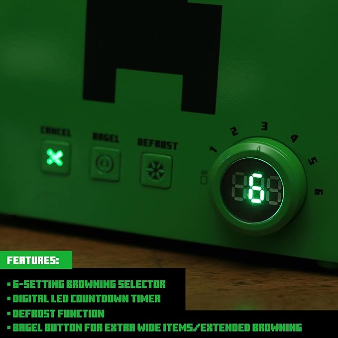 Minecraft Green Creeper 2-Slice Toaster For Bagels Waffles and Breads | Features 6 Settings With Defrost Option | Imprints Creeper Symbol On Bread