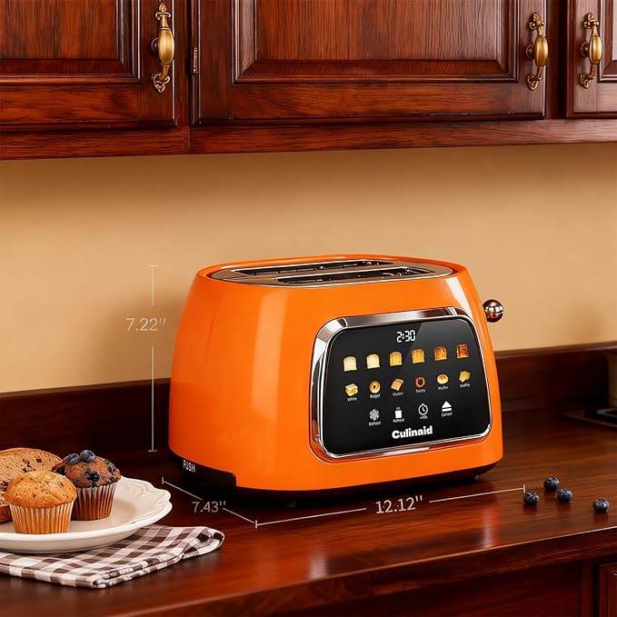 Toaster 2 Slice Smart Touch Screen Retro 1.5'' Extra Wide Slot Stainless Steel Digital Bread Toaster with Memory Function Bagel Defrost 6 Browning Level and Removable Crumb Tray Orange