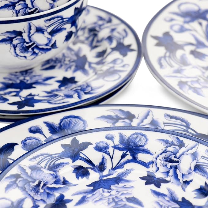 Cattleya Orchid 16 Piece Porcelain Dinnerware Set Blue and White Floral Round Plates and Bowls Service for 4 Dishwasher and Microwave Safe