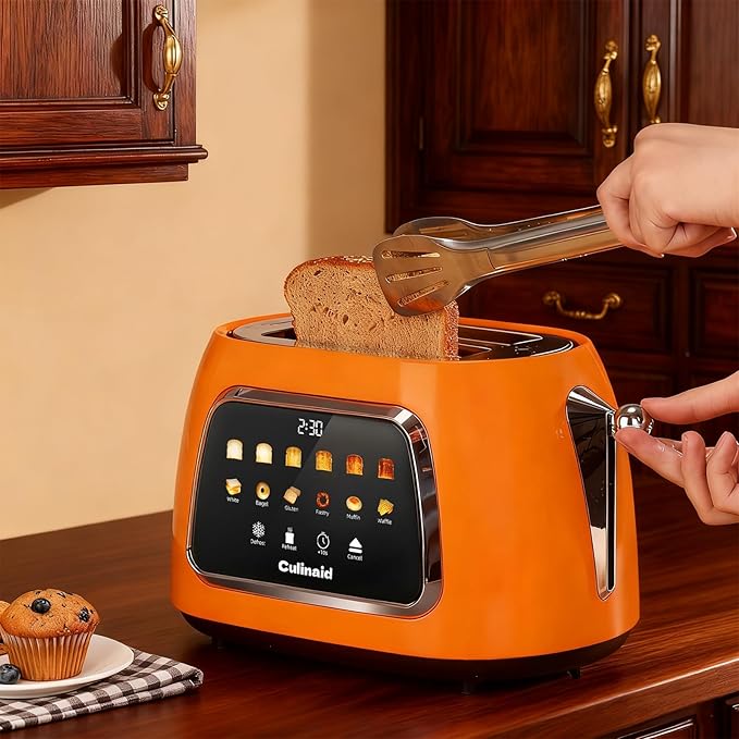 Toaster 2 Slice Smart Touch Screen Retro 1.5'' Extra Wide Slot Stainless Steel Digital Bread Toaster with Memory Function Bagel Defrost 6 Browning Level and Removable Crumb Tray Orange