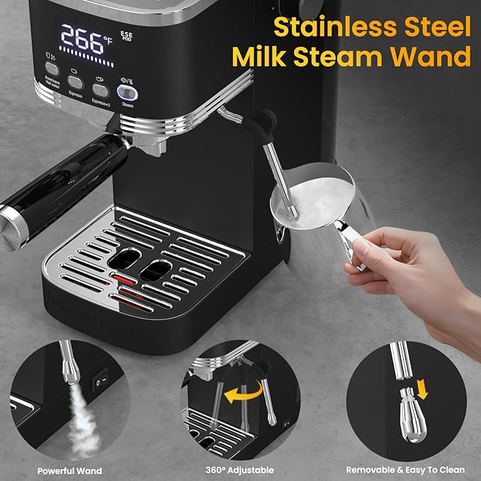 Espresso Machine 20 Bar Temperature Time LED Display Espresso Maker with Adjustable Extraction Temperature Stainless Steel Coffee Machine with Powerful Steam Wand for Cappuccino LatteBlack