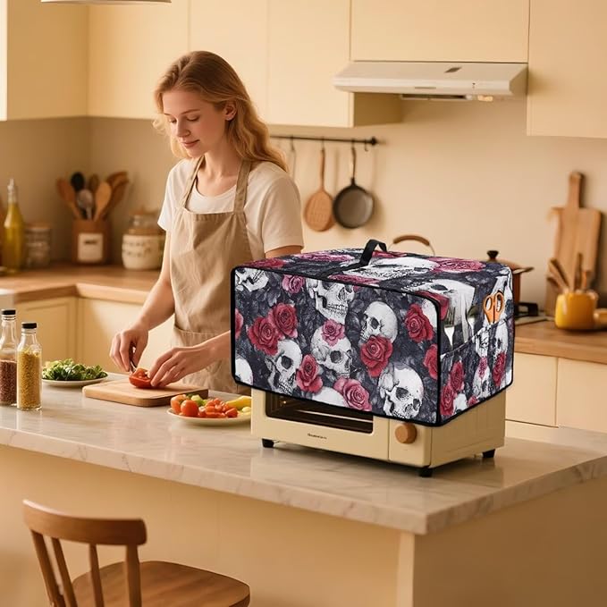 Skull Rose Print Toaster Oven Dust Cover for Kitchen Counter Decorative Washable Toaster Oven Air Fryer Cover Dust Protection 18.5 x 14.5 x 9 Grey and Red