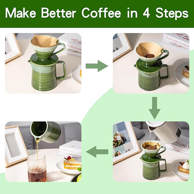 Topadorn Pour Over Coffee Maker Set 13 Oz Ceramic Coffee Maker &amp Pour Over Coffee Dripper Reusable Drip Coffee Maker for Café Restaurant Home Camping Green