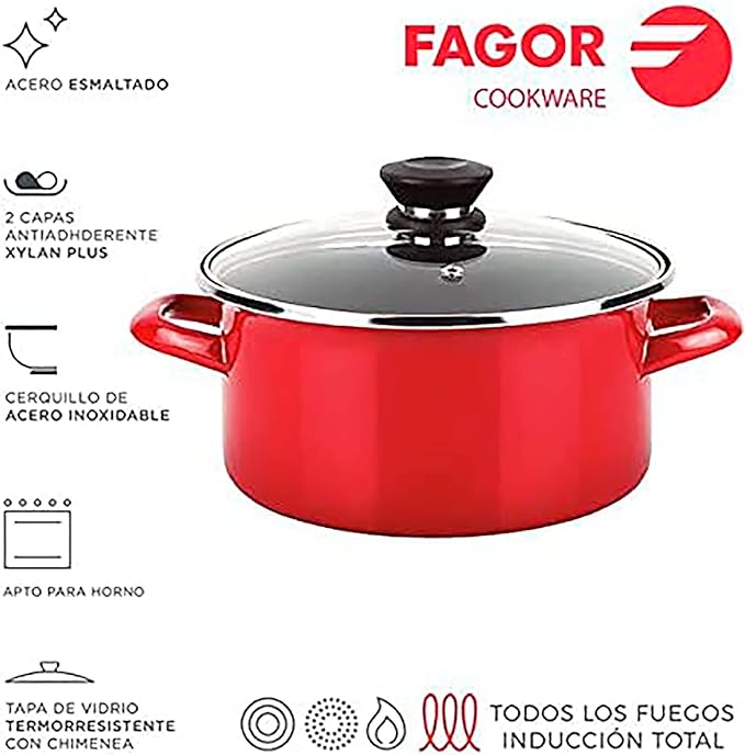 Fagor Optimax Induction Saucepan Set 8-Piece Set 3 Cooking Pots 18-20-24 cm 3 Glass Lids 2 Frying Pans 20-24 cm Enamelled Steel Non-Stick Coating without PFOA Suitable for All Types of Cookers