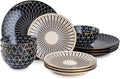 12 Piece Stoneware Dinnerware Set Service for 4 Family Dinner Party Plates and Bowls