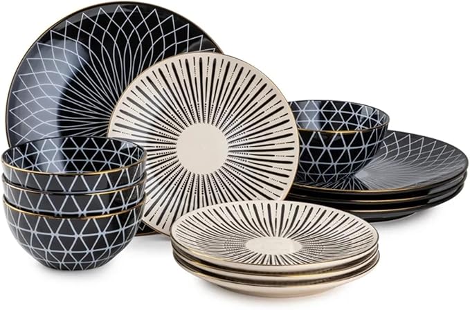 12 Piece Stoneware Dinnerware Set Service for 4 Family Dinner Party Plates and Bowls