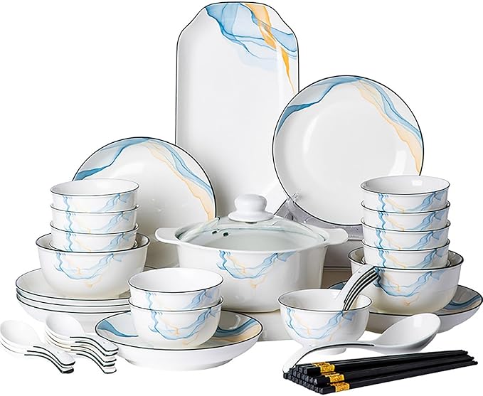 Simple Dining Ware Set 49 Pieces Bowl and Plate Set Dishes Set for 12 Wear Resistant and Scratch Resistant Dinnerware Sets Heat Insulation Anti-Scald Bakeable and Microwavable Easy to Heat Up