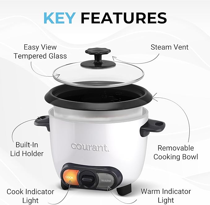 Courant Rice Cooker 8-Cup (Cooked) Removable Non-Stick Bowl One Touch Rice Cooker White