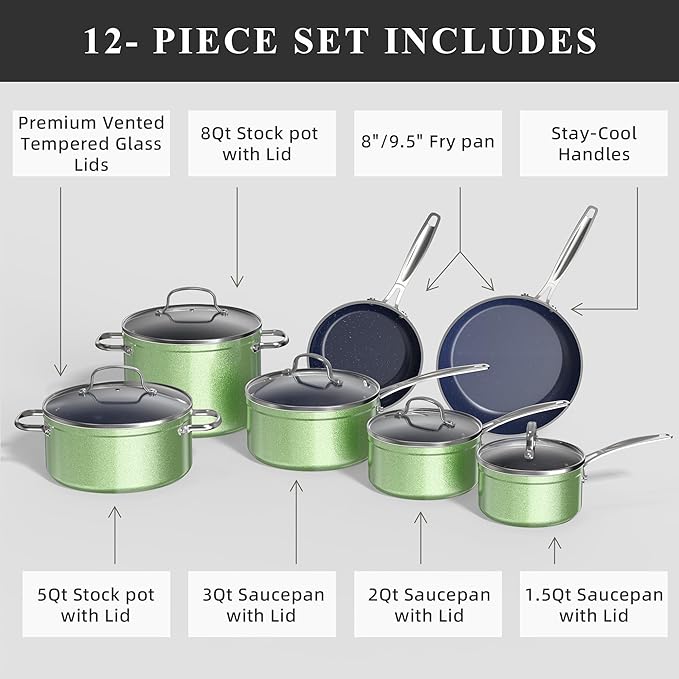 Nuwave Healthy Duralon Blue Ceramic Nonstick Cookware Set Diamond Infused Scratch-Resistant PFAS Free Dishwasher &amp Oven Safe Induction Ready &amp Evenly Heats Tempered Glass Lids &amp Stay-