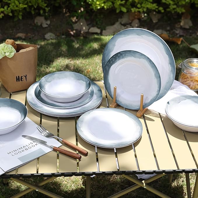 Melamine Dinnerware Sets-12 Pieces Outdoor Plates and Bowls Set for 4 Durable Dinner Plates for Camping Picnics Party Chip Resistant Dishes Grey Blue Dishwasher Safe