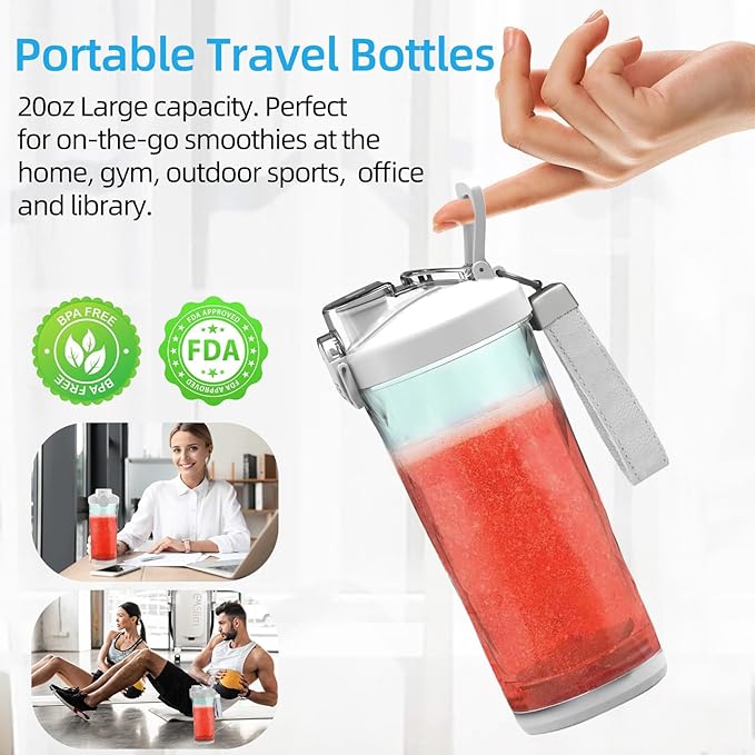 DENOKIN Portable Blender 20oz Vessel Cordless Personal Size Blend with 6 Blade and a Travel Lid (Apple White)