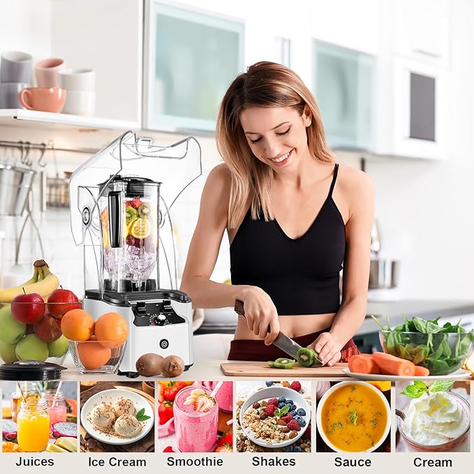 Commercial Blender for Smoothies With Quiet Shield 2.5HP Motor Stainless Steel Blade 80oz Pitcher for Shakes Smoothies Ice Crushing Frozen Drinks 15 Speeds Self-Cleaning White